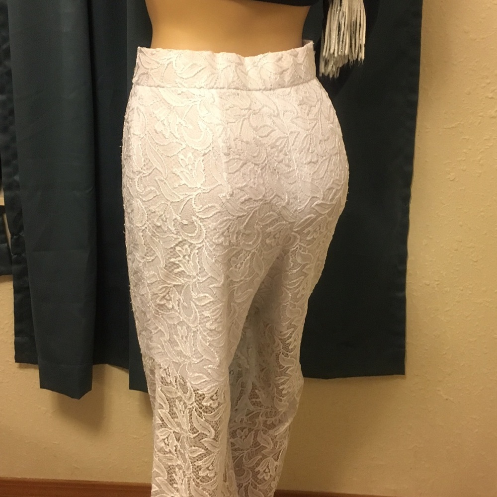 White Lace Wide Leg Dress Pants | Sheer Lace Elegant Bridal Resort Slacks | 5/6 - Picture 6 of 7